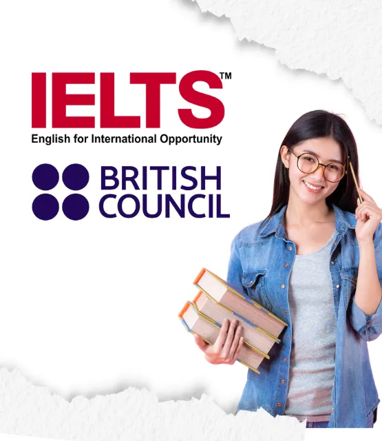 IELTS and British Council logos beside a smiling student holding books